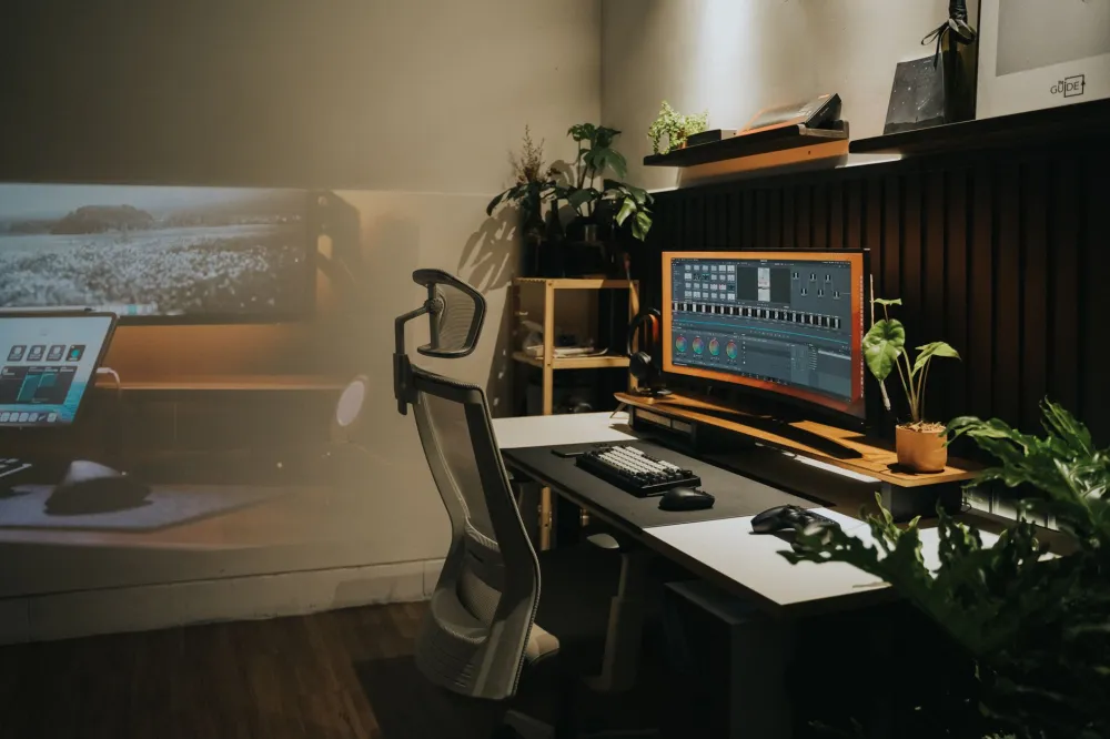 Ergonomic home office desk setup supporting healthy neck and spine posture