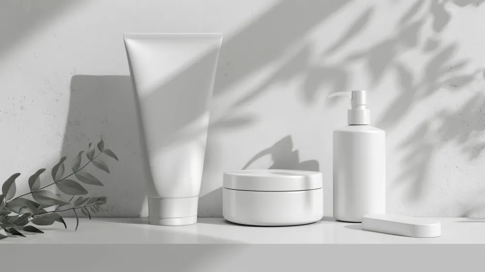 Skincare products arranged on bathroom shelf for adult acne treatment routine