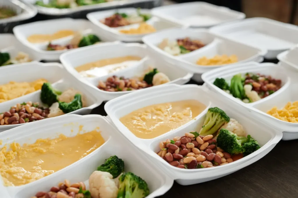 Colorful meal prep containers filled with balanced healthy meals on a kitchen counter