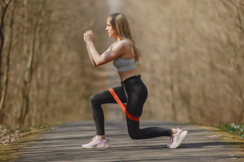 Woman doing a resistance band row at home to help prevent muscle loss during weight loss