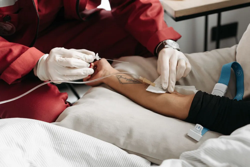 Close-up of saline IV drip bag used in hangover IV therapy