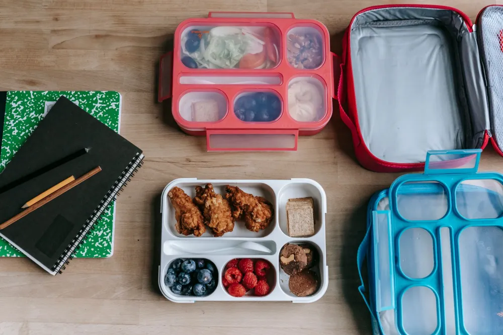Person packing small containers of cheese, celery and olives for a workday